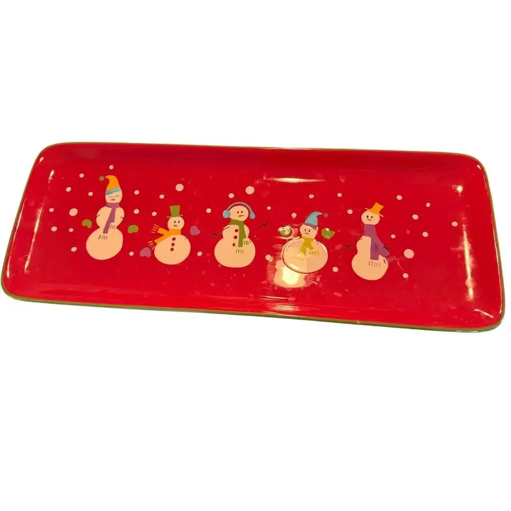 Pier 1 ceramic Christmas tray platter red festive holiday snowmen 18.5 x 7